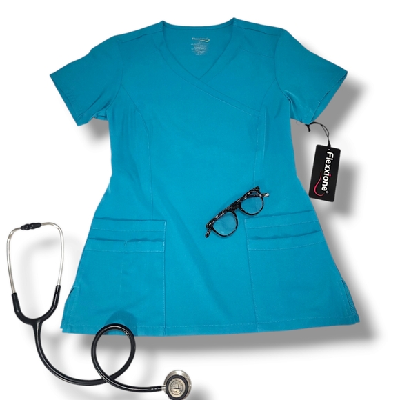 Flexxione Teal Medical/Nurse Scrub Top XS V-Neck Multiple Pocket Comfortable Fit - Picture 5 of 12